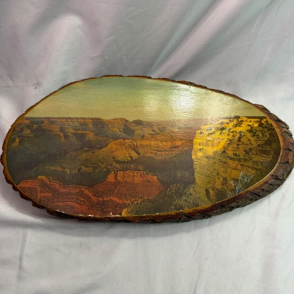 Vintage Grand Canyon Sunset Wood Slice Wall Plaque Rustic Bark Edge Souvenir USA